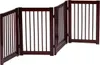 A dark brown wooden pet gate with multiple panels. Produktbild-Vorschau