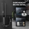 A black toilet brush and holder are displayed on a dark, textured wall, with marketing text and graphics highlighting features and color options. Produktbild-Vorschau