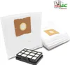 A product shot of vacuum cleaner bags and a filter, with a logo in the top right corner. Produktbild-Vorschau