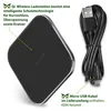 A wireless charging pad and its accompanying USB cable are shown against a white background, with text overlays highlighting features and included accessories. Produktbild-Vorschau