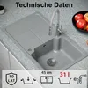 A kitchen sink with a faucet and a bowl of apples in the background, with technical data icons at the bottom. Produktbild-Vorschau