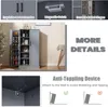 A collage of images showing details of a gray storage cabinet, including its handles, magnetic catch, hinges, and anti-toppling device, along with a full view of the cabinet. Produktbild-Vorschau