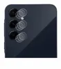 The back of a dark blue smartphone with three camera lenses and several transparent circular lens protectors placed over them. Produktbild-Vorschau
