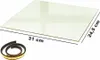 A piece of glass with dimensions indicated and a roll of adhesive tape. Produktbild-Vorschau