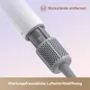 Close-up of a white hairdryer with a grey perforated attachment and a grey cable, with text overlays. Anteprima dell’immagine prodotto