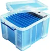A clear, professional studio shot of a transparent blue storage box with a lid, filled with blue file dividers. Produktbild-Vorschau