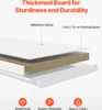 Diagram showing the layered construction of a thickened board for sturdiness and durability, with labels for melamine sticker and particle board thickness. Icons at the bottom indicate waterproof, scratch-resistant, and easy-to-clean features. Produktbild-Vorschau