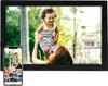 A digital photo frame displays a picture of a mother holding her child, while a smartphone shows a grid of photos, suggesting connectivity and photo management. Produktbild-Vorschau