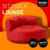 A red beanbag chair with text overlays advertising its features. Produktbild-Vorschau