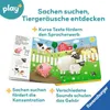 An open children's book showing farm animals and a barn, with text overlays describing the book's features. Produktbild-Vorschau