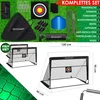 A collection of soccer training equipment laid out on a green, grassy surface, with a diagram showing dimensions. Produktbild-Vorschau