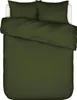 A top-down view of a green duvet and pillow set on a bed.