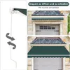 A collage showing a retractable awning mechanism and two views of a green awning installed above a garage door. Voir les images du produit