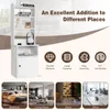 A white tall cabinet with shelves and a door, shown in different room settings and with feature icons. Produktbild-Vorschau