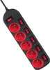 A black power strip with six red electrical outlets and six red switches, shown diagonally against a white background. Náhled obrázku produktu