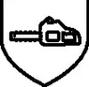 A black and white line drawing of a chainsaw inside a shield shape. Produktbild-Vorschau