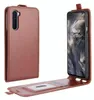 A brown flip case for a smartphone is shown open, displaying the phone screen and the inside of the case. Produktbild-Vorschau