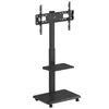 A black TV stand with wheels and two shelves, on a white background. Anteprima dell’immagine prodotto