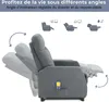 A gray recliner chair shown in multiple reclining positions, with diagrams illustrating adjustable angles and features. Podgląd zdjęcia produktu