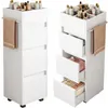 Two views of a white rolling cosmetic storage cart with drawers and a towel rack. Produktbild-Vorschau
