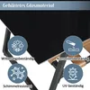 A close-up of a black glass tabletop with icons and text describing its features. Voir les images du produit