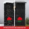 A split image showing a black firewood storage unit with a roof, protected by snow on the left and rain on the right. Icons of clouds with snow and rain are displayed. Produktbild-Vorschau