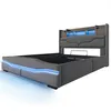 A modern upholstered bed frame with integrated LED lighting and a headboard with storage. Podgląd zdjęcia produktu