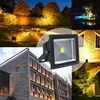 Collage of outdoor lighting scenarios and a close-up of an LED floodlight. Produktbild-Vorschau