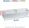 A white plastic container with dimension lines and text indicating width, height, and depth. Produktbild-Vorschau