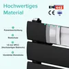 A close-up of a black radiator with a diagram illustrating its material layers and certifications. Produktbild-Vorschau