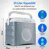 A gray and white thermoelectric cooler box with various capacity indicators and dimensions shown. Produktbild-Vorschau