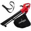 A red and black electric leaf blower with a collection bag and a shoulder strap, shown against a white background.