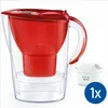 A red and clear Brita water filter pitcher with a white water filter cartridge next to it. Voir les images du produit
