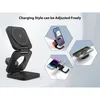 A black 3-in-1 wireless charging station is shown in various configurations, demonstrating its versatility for charging a phone, Apple Watch, and AirPods. Produktbild-Vorschau