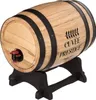 A wooden wine barrel with a tap, resting on a black wooden stand. Produktbild-Vorschau