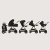 A sequence of images showing a stroller in different configurations, from folded to fully assembled with different attachments. Produktbild-Vorschau