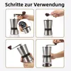 Collage of four images showing the steps for using a manual coffee grinder. Produktbild-Vorschau