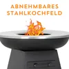 A close-up of a fire pit with flames, with text overlay. Produktbild-Vorschau