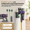 A cordless vacuum cleaner and its charging accessories are displayed on a wall and a shelf, with text highlighting charging options. Produktbild-Vorschau
