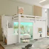 A child's bedroom featuring a white loft bed with stairs, a play area underneath with colorful decorations, and a cozy sleeping space. Produktbild-Vorschau