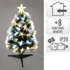 A small decorative Christmas tree with fiber optic lights and a star on top, displayed on a stand. To the right are icons indicating indoor use, 8 functions with memory, and IP20 protection with a plug. Náhľad obrázku produktu