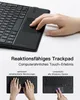 A hand interacting with a keyboard and trackpad, with illustrative diagrams below showing different uses. Produktbild-Vorschau
