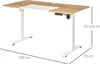 A white and wood adjustable standing desk is shown from a three-quarter angle on a white background. Dimensions are indicated with lines and text. Podgląd zdjęcia produktu