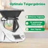 A food processor with text overlays highlighting its features. Produktbild-Vorschau