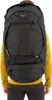 A person wearing a yellow shirt and black pants is shown from the back, wearing a large black backpack. Produktbild-Vorschau