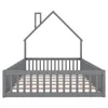 A grey wooden bed frame shaped like a house, shown from the front. Voir les images du produit
