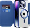 A blue flip case for an iPhone 15 Pro Max, showing the inside with card slots and the phone case with the Apple logo. Produktbild-Vorschau
