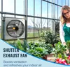 A woman in a greenhouse tending to plants, with an exhaust fan mounted on the wall. Voir les images du produit