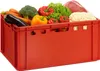 A red plastic crate filled with fresh produce and a piece of raw meat, set against a white background. Produktbild-Vorschau