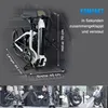 A folded electric bike is shown in the trunk of a car, with dimensions indicated. Below are several smaller images showing the bike being folded and carried. Produktbild-Vorschau